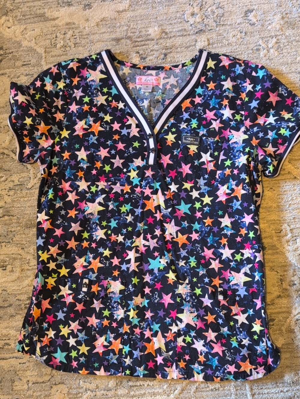 Koi Navy Multicolor Star Print Scrub Top